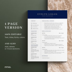 May include: A navy blue and white resume template with the name "EVELYN LOGAN" at the top. The resume includes sections for contact information, education, work experience, and professional development. Text on the left says "1 PAGE VERSION" and "100% EDITABLE".
