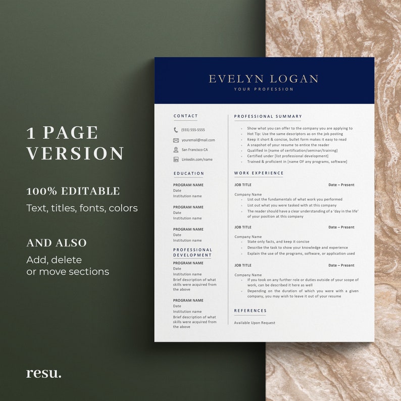 May include: A navy blue and white resume template with the name "EVELYN LOGAN" at the top. The resume includes sections for contact information, education, work experience, and professional development. Text on the left says "1 PAGE VERSION" and "100% EDITABLE".