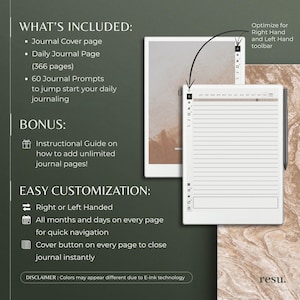 May include: A digital journal with a white cover and a black pen. The journal features a calendar, a cover page, and 366 pages for daily journaling. It also includes 60 journal prompts and an instructional guide on how to add unlimited pages. The journal is customisable for right or left-handed users and has a cover button to close the journal instantly.