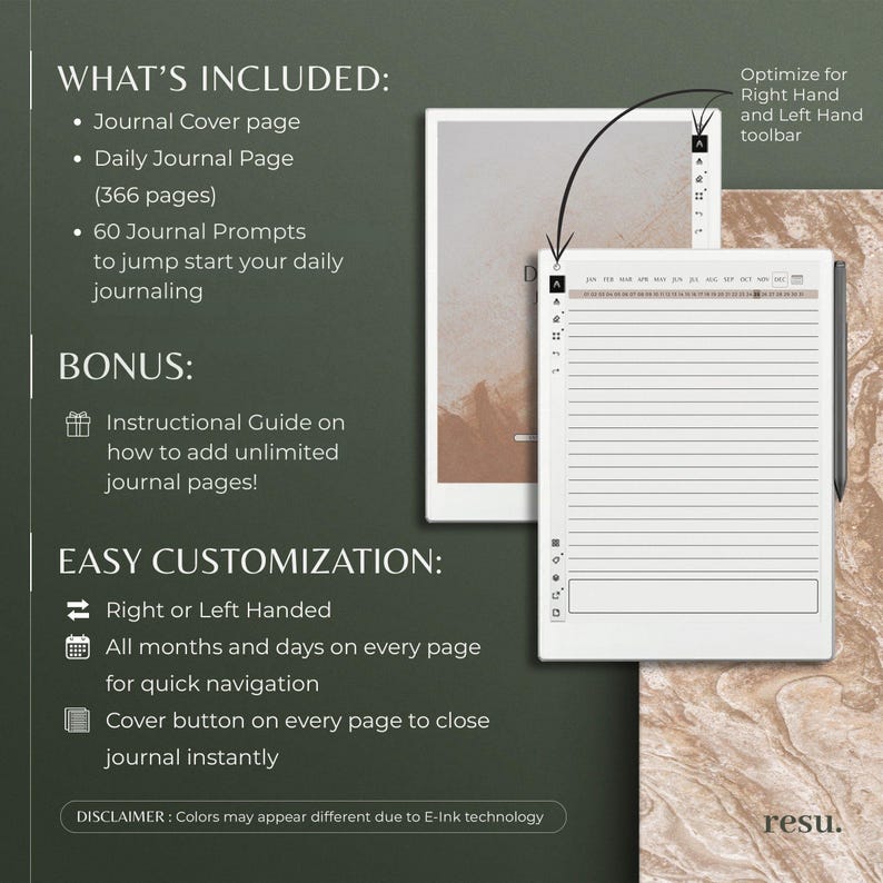 May include: A digital journal with a white cover and a black pen. The journal features a calendar, a cover page, and 366 pages for daily journaling. It also includes 60 journal prompts and an instructional guide on how to add unlimited pages. The journal is customisable for right or left-handed users and has a cover button to close the journal instantly.
