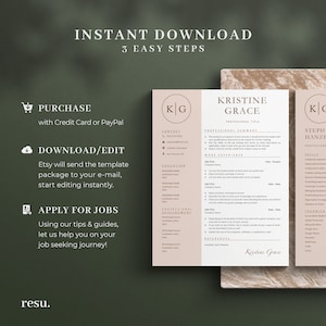 May include: A digital download template for a resume with a brown and white marble background. The template includes sections for contact information, education, work experience, professional development, and references. The text "INSTANT DOWNLOAD 3 EASY STEPS" is at the top of the page.