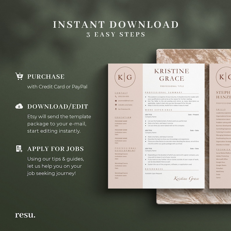 May include: A digital download template for a resume with a brown and white marble background. The template includes sections for contact information, education, work experience, professional development, and references. The text "INSTANT DOWNLOAD 3 EASY STEPS" is at the top of the page.