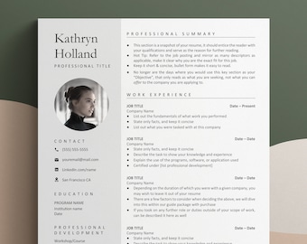 Puede incluir: Una plantilla de currículum vitae en blanco y negro con una foto profesional de una mujer. El currículum incluye secciones para el resumen profesional, la experiencia laboral, la educación, el desarrollo profesional y las referencias.