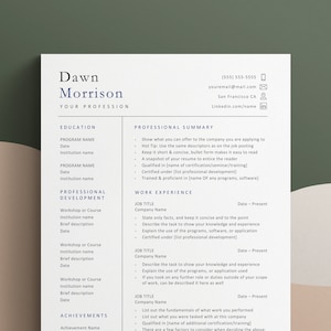May include: A resume template with a professional summary, education, professional development, work experience, and achievements sections. The resume is for Dawn Morrison.