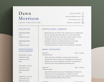 May include: A resume template with a professional summary, education, professional development, work experience, and achievements sections. The resume is for Dawn Morrison.