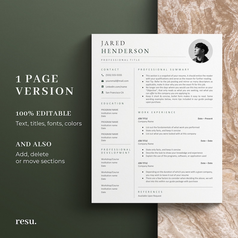 Peut inclure: Un mod&egrave;le de CV avec un fond vert et une photo professionnelle d'un homme. Le CV comprend des sections pour les coordonn&eacute;es, la formation, le r&eacute;sum&eacute; professionnel, l'exp&eacute;rience professionnelle, le d&eacute;veloppement professionnel et les r&eacute;f&eacute;rences. Le texte du CV est en noir.