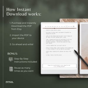May include: A digital planner with a beige background and a calendar at the top. The text "How Instant Download works" is on the left side of the image. The text "Change has always made me uneasy" is on the right side of the image. The text "Step-By-Step Instructions Included" and "Reuse as many times as you want" is on the left side of the image. The text "resu." is at the bottom of the image.