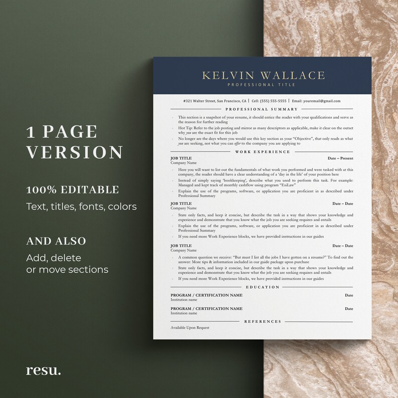 Pu&ograve; includere: Un modello di curriculum vitae blu e bianco con il titolo "Kelvin Wallace" e il testo "Titolo professionale". Il modello include sezioni per il riepilogo professionale, l'esperienza lavorativa, l'istruzione e i riferimenti. Il modello &egrave; modificabile al 100% e pu&ograve; essere utilizzato per creare un curriculum vitae professionale.