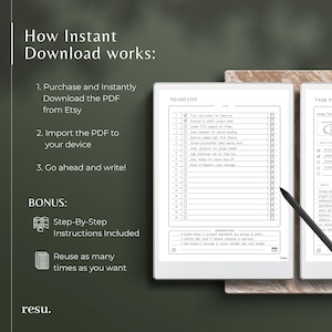 May include: A digital planner with a to-do list and task planner is displayed on a tablet. The text on the screen reads "How Instant Download works:" and includes instructions for downloading and using the planner. A stylus is also visible.