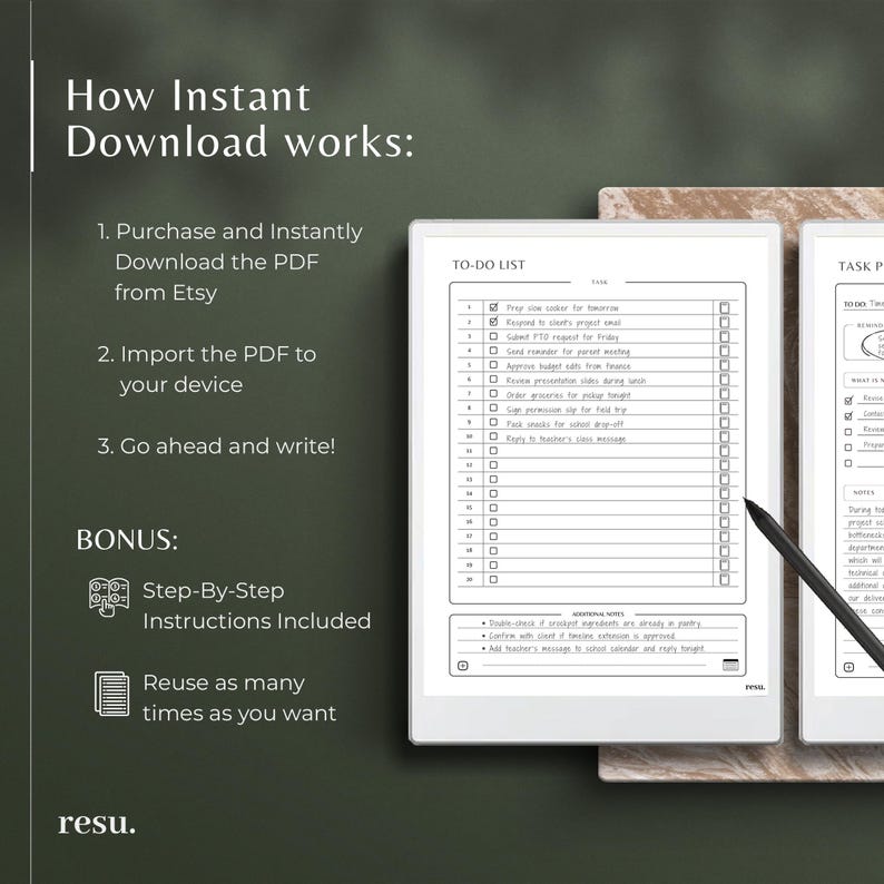 May include: A digital planner with a to-do list and task planner is displayed on a tablet. The text on the screen reads "How Instant Download works:" and includes instructions for downloading and using the planner. A stylus is also visible.