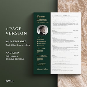 Pu&ograve; includere: Un modello di curriculum vitae verde e oro con una foto di una donna nell'angolo in alto a destra. Il modello include sezioni per il riepilogo professionale, l'esperienza lavorativa, lo sviluppo professionale, i risultati e i premi e i riferimenti. Il testo "1 Page Version" &egrave; nell'angolo in alto a sinistra. Il testo "100% Editable" &egrave; nell'angolo in basso a sinistra. Il testo "And Also Add, Delete or Move Sections" &egrave; nell'angolo in basso a sinistra.