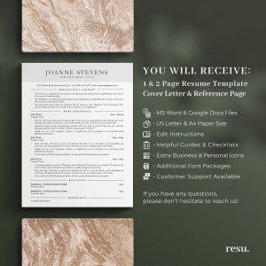 Puede incluir: Una plantilla de curr&iacute;culum con un fondo verde y un cuadro de texto blanco. El cuadro de texto contiene el texto "YOU WILL RECEIVE: 1 & 2 Page Resume Template Cover Letter & Reference Page" y una lista de las caracter&iacute;sticas incluidas en la plantilla. El texto "resu." est&aacute; en la esquina inferior derecha de la imagen.