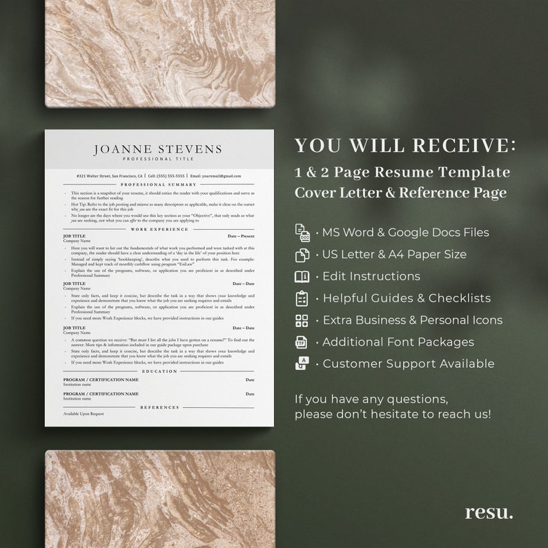 Puede incluir: Una plantilla de curr&iacute;culum con un fondo verde y un cuadro de texto blanco. El cuadro de texto contiene el texto "YOU WILL RECEIVE: 1 & 2 Page Resume Template Cover Letter & Reference Page" y una lista de las caracter&iacute;sticas incluidas en la plantilla. El texto "resu." est&aacute; en la esquina inferior derecha de la imagen.