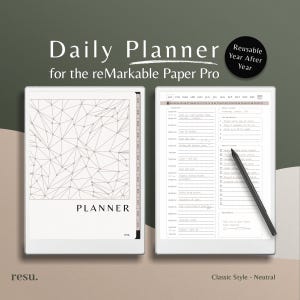 Pode incluir: Um planejador diário digital para o reMarkable Paper Pro. O planejador apresenta um design geométrico na capa e um layout detalhado da programação diária. Os textos "Daily Planner" e "PLANNER" são visíveis. Reutilizável ano após ano.