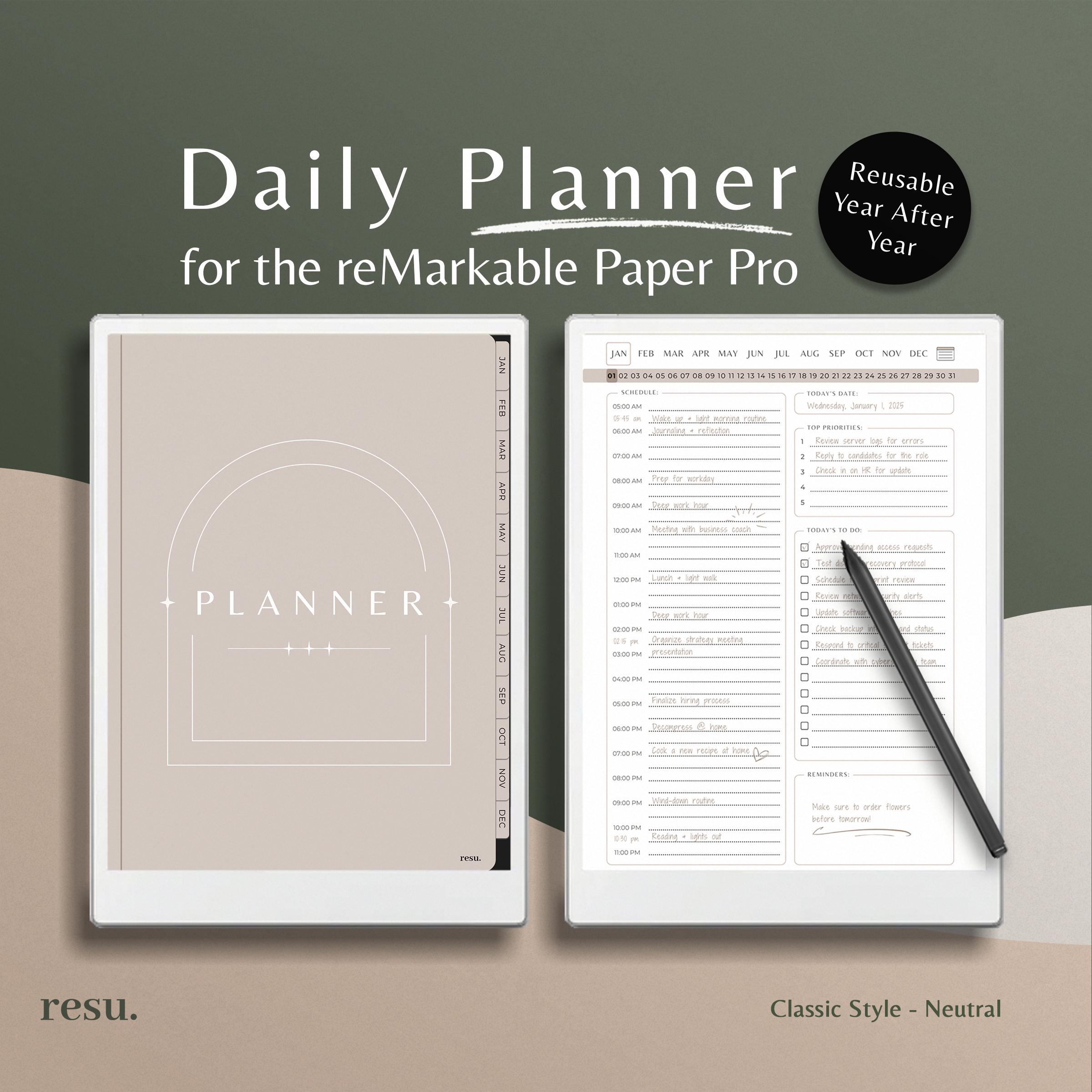 Daily Planner for reMarkable Paper Pro, 2025 Digital Planner Notebook, Work Task Tracker, ADHD To Do List, Productivity Routine Schedule