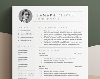 May include: A black and white resume template with the name Tamara Oliver at the top. The resume includes sections for contact information, education, professional summary, and work experience.