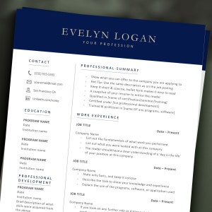 May include: A navy blue resume template with the name "EVELYN LOGAN" in gold lettering at the top. The resume includes sections for contact information, education, professional summary, work experience, and professional development.