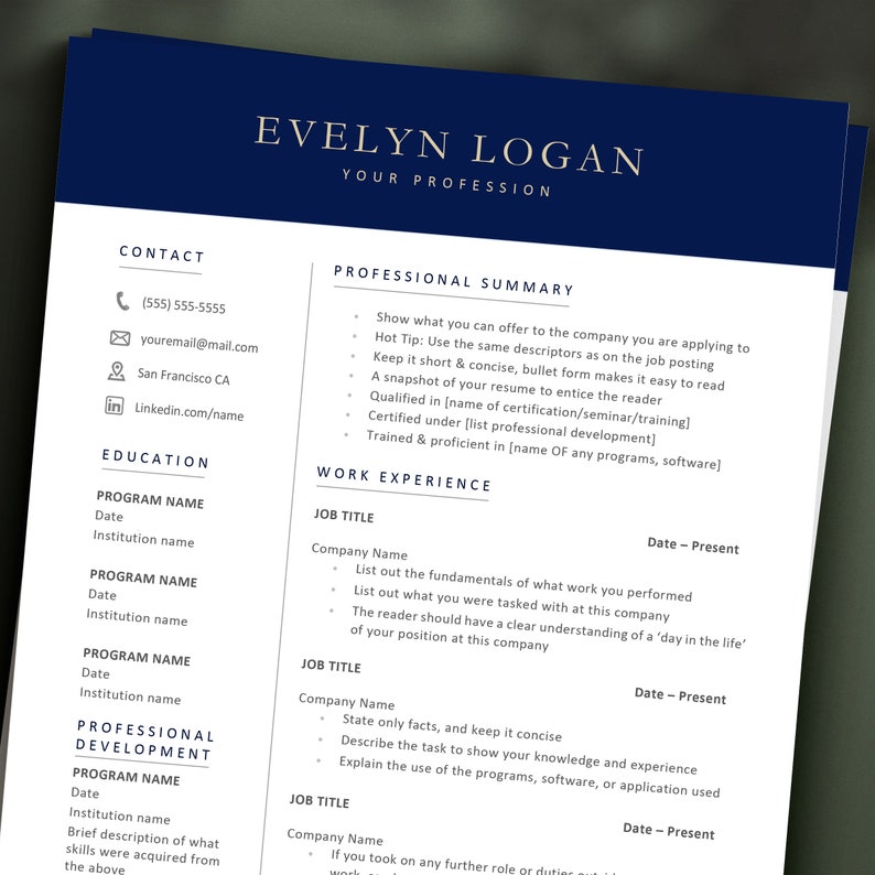 May include: A navy blue resume template with the name "EVELYN LOGAN" in gold lettering at the top. The resume includes sections for contact information, education, professional summary, work experience, and professional development.