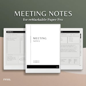 May include: A black and white printable meeting notes template for the reMarkable Paper Pro tablet. The template includes sections for meeting details, attendees, agenda items, action plan, and notes.