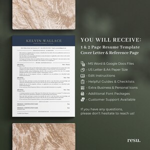 Pu&ograve; includere: Un modello di curriculum vitae blu e bianco con il testo "YOU WILL RECEIVE: 1 & 2 Page Resume Template Cover Letter & Reference Page" in un riquadro bianco. Il modello include un elenco di funzionalit&agrave; come file MS Word & Google Docs, formato carta US Letter & A4, istruzioni di modifica, guide e checklist utili, icone aziendali e personali aggiuntive, pacchetti di font aggiuntivi e supporto clienti disponibile. Il testo "If you have any questions, please don't hesitate to reach us!" si trova nella parte inferiore della pagina.