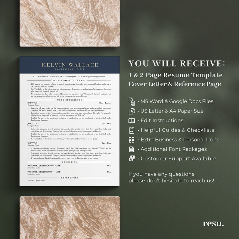 Pu&ograve; includere: Un modello di curriculum vitae blu e bianco con il testo "YOU WILL RECEIVE: 1 & 2 Page Resume Template Cover Letter & Reference Page" in un riquadro bianco. Il modello include un elenco di funzionalit&agrave; come file MS Word & Google Docs, formato carta US Letter & A4, istruzioni di modifica, guide e checklist utili, icone aziendali e personali aggiuntive, pacchetti di font aggiuntivi e supporto clienti disponibile. Il testo "If you have any questions, please don't hesitate to reach us!" si trova nella parte inferiore della pagina.