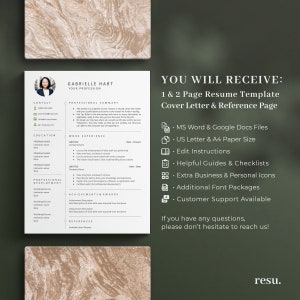 May include: A resume template for job seekers. The template includes a cover letter and reference page. The template is available in MS Word and Google Docs formats. The template is also available in US Letter and A4 paper sizes. The template includes helpful guides and checklists, extra business and personal icons, additional font packages, and customer support.
