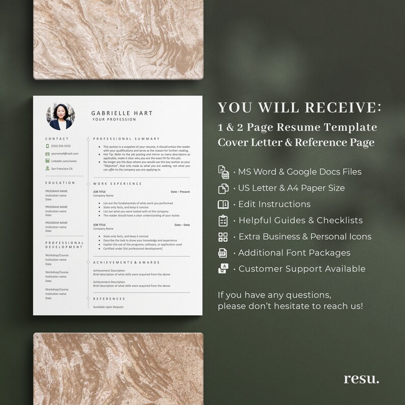 May include: A resume template for job seekers. The template includes a cover letter and reference page. The template is available in MS Word and Google Docs formats. The template is also available in US Letter and A4 paper sizes. The template includes helpful guides and checklists, extra business and personal icons, additional font packages, and customer support.