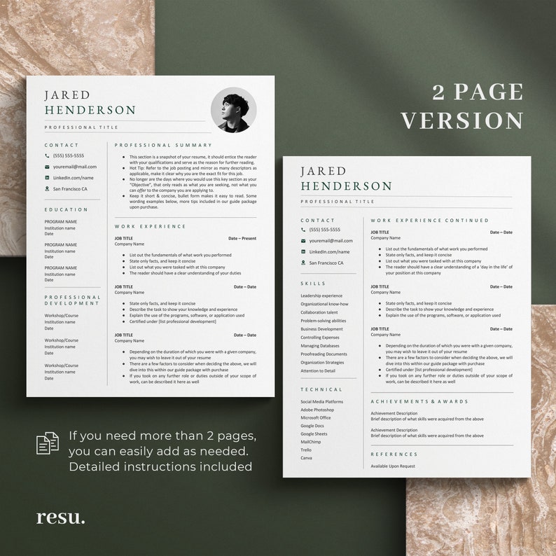 Peut inclure: Un mod&egrave;le de CV sur deux pages avec un sch&eacute;ma de couleurs vert et blanc. Le CV est pour Jared Henderson, qui postule pour un titre professionnel. Le CV comprend des sections pour les coordonn&eacute;es, la formation, le d&eacute;veloppement professionnel, l'exp&eacute;rience professionnelle, les comp&eacute;tences, les r&eacute;alisations et les r&eacute;compenses, et les r&eacute;f&eacute;rences.