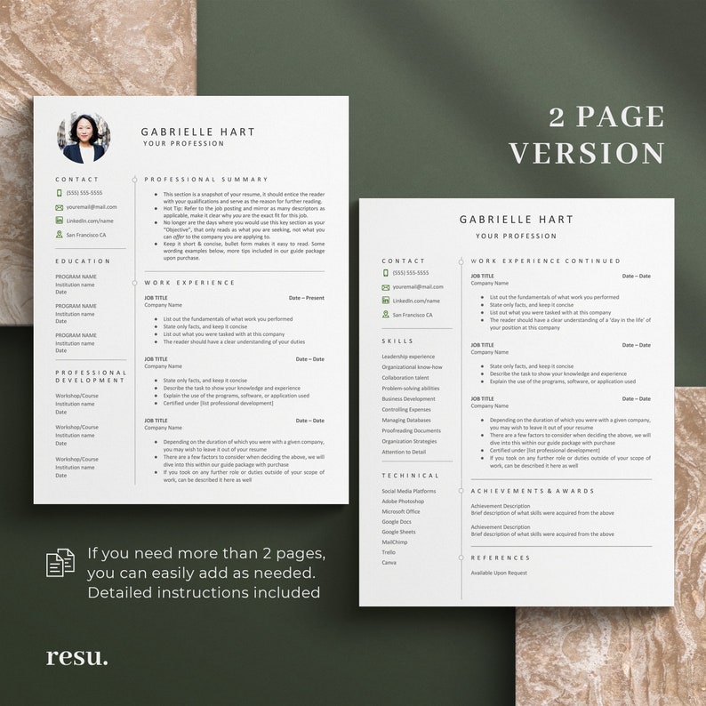 May include: A two-page resume template with a professional summary, work experience, skills, technical skills, achievements and awards, and references sections. The resume is designed in a minimalist style with a green and white color scheme.