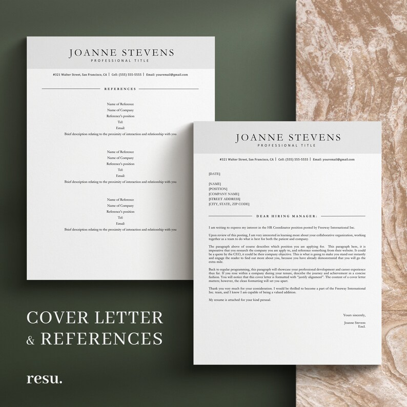 Puede incluir: Una plantilla de carta de presentaci&oacute;n y referencias en blanco y negro con el nombre Joanne Stevens y el t&iacute;tulo "T&iacute;tulo profesional" en la parte superior de la p&aacute;gina. La carta de presentaci&oacute;n va dirigida a "Estimado/a responsable de contrataci&oacute;n" e incluye un p&aacute;rrafo sobre la experiencia de la solicitante en el campo. La secci&oacute;n de referencias incluye una lista de referencias con sus nombres, puestos, empresas, n&uacute;meros de tel&eacute;fono y direcciones de correo electr&oacute;nico.
