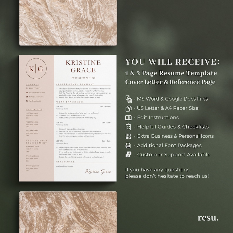 May include: A beige and brown resume template with the text "Kristine Grace" and "You Will Receive: 1 & 2 Page Resume Template Cover Letter & Reference Page" in a brown font. The template includes a list of features such as MS Word & Google Docs Files, US Letter & A4 Paper Size, Edit Instructions, Helpful Guides & Checklists, Extra Business & Personal Icons, Additional Font Packages, and Customer Support Available.