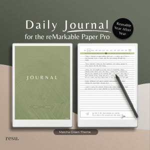 Op de afbeelding: Een digitale planner voor de reMarkable Paper Pro tablet. De planner heeft een groene achtergrond met het woord "JOURNAL" in witte tekst. De planner bevat een dagelijkse journalsectie met een kalender en een sectie voor het schrijven van notities. De tekst "Matcha Green Theme" staat onderaan de afbeelding.