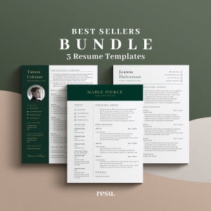 Puede incluir: Un paquete de tres plantillas de currículum con un diseño moderno. Los currículums presentan una combinación de colores verde oscuro y blanco, con los nombres Tamara Coleman, Jeanne Halverson y Mable Pierce. El texto "Best Sellers Bundle" está en la parte superior.