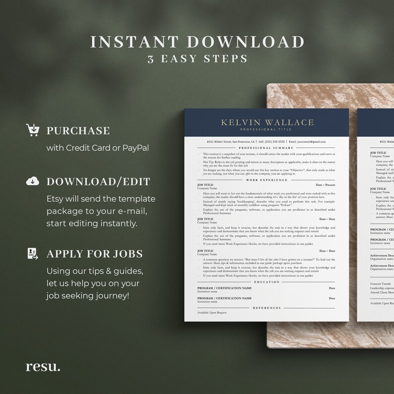 Pu&ograve; includere: Un modello di curriculum vitae blu e oro con il testo "INSTANT DOWNLOAD 3 EASY STEPS" in alto. Il modello include sezioni per "PURCHASE", "DOWNLOAD/EDIT" e "APPLY FOR JOBS".