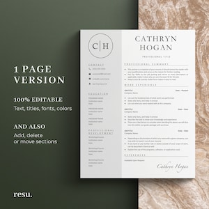 May include: A one-page resume template with a modern design. The template features a professional summary, work experience, education, and professional development sections. The resume is 100% editable, allowing users to customize text, titles, fonts, and colors. The template also includes a contact section with phone number, email address, and LinkedIn profile link.