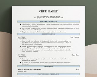 Resume Template, CV Template, Word Resume Template, Professional Resume, ATS Friendly, Google Docs Resume, Modern Resume, 1 Page or 2 Page