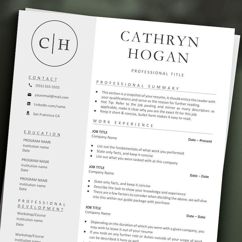 May include: A black and white resume template with the name Cathryn Hogan and the title Professional Title. The resume includes sections for contact information, education, professional development, and work experience.