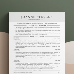 Puede incluir: Una plantilla de curr&iacute;culum vitae en blanco y negro con el nombre Joanne Stevens en la parte superior. El curr&iacute;culum incluye secciones para el resumen profesional, la experiencia laboral, el t&iacute;tulo del puesto, el nombre de la empresa, la fecha y la educaci&oacute;n.