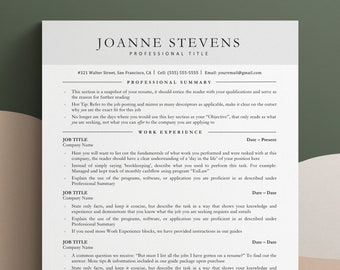 May include: A black and white resume template with the name Joanne Stevens at the top. The resume includes sections for professional summary, work experience, job title, company name, date, and education.