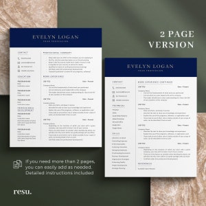 May include: A two-page resume template with a navy blue header and text. The resume includes sections for contact information, professional summary, work experience, and skills. The text "EVELYN LOGAN" is at the top. The text "2 PAGE VERSION" is also visible.