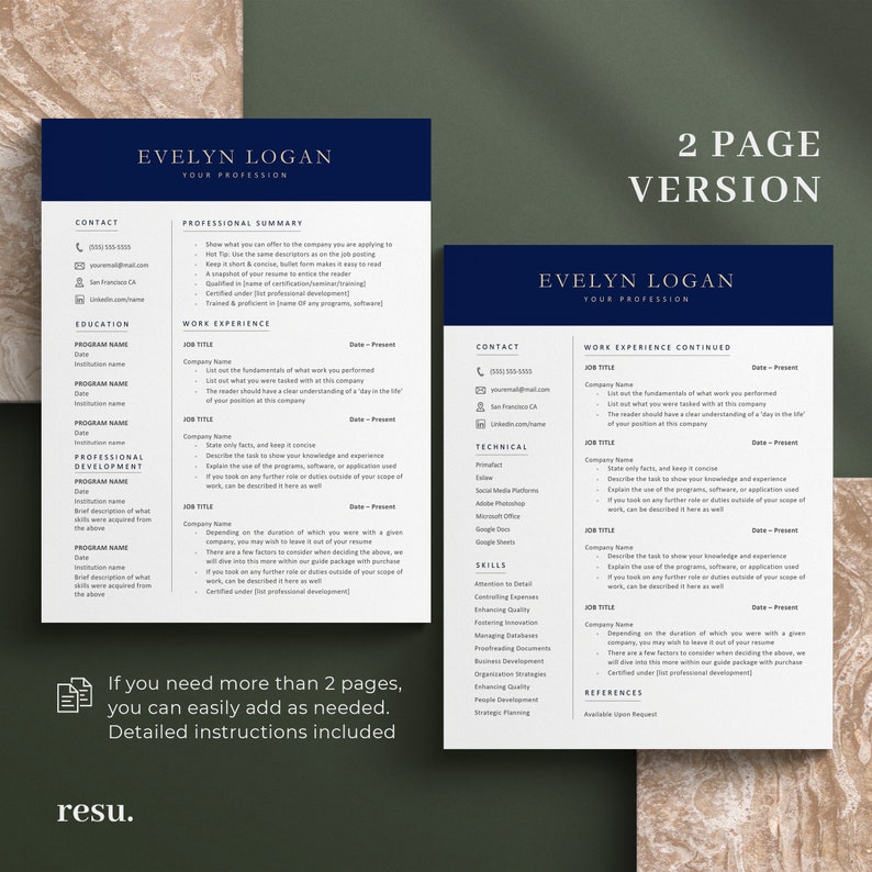 May include: A two-page resume template with a navy blue header and text. The resume includes sections for contact information, professional summary, work experience, and skills. The text "EVELYN LOGAN" is at the top. The text "2 PAGE VERSION" is also visible.