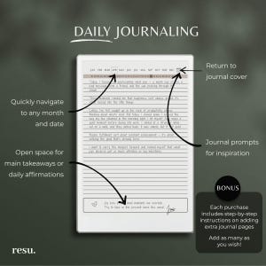May include: A white journal with a black and grey calendar grid on the cover. The journal has a black and grey title "DAILY JOURNALING" at the top of the cover. The calendar grid includes the months of the year, January through December. The journal has a black and grey arrow pointing to the right, and the text "Return to journal cover" is written in black and grey. The journal has a black and grey arrow pointing to the left, and the text "Journal prompts for inspiration" is written in black and grey. The journal has a black and grey box with the text "BONUS" in white. The box has the text "Each purchase includes step-by-step instructions on adding extra journal pages. Add as many as you wish!" in black and grey.