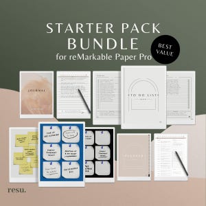 Puede incluir: Un paquete de planificador digital para reMarkable Paper Pro. La imagen muestra una colección de cuadernos y plantillas digitales, incluyendo un diario, listas de tareas y páginas de planificador. El paquete incluye notas adhesivas y un lápiz óptico. El texto en la imagen dice "STARTER PACK BUNDLE".