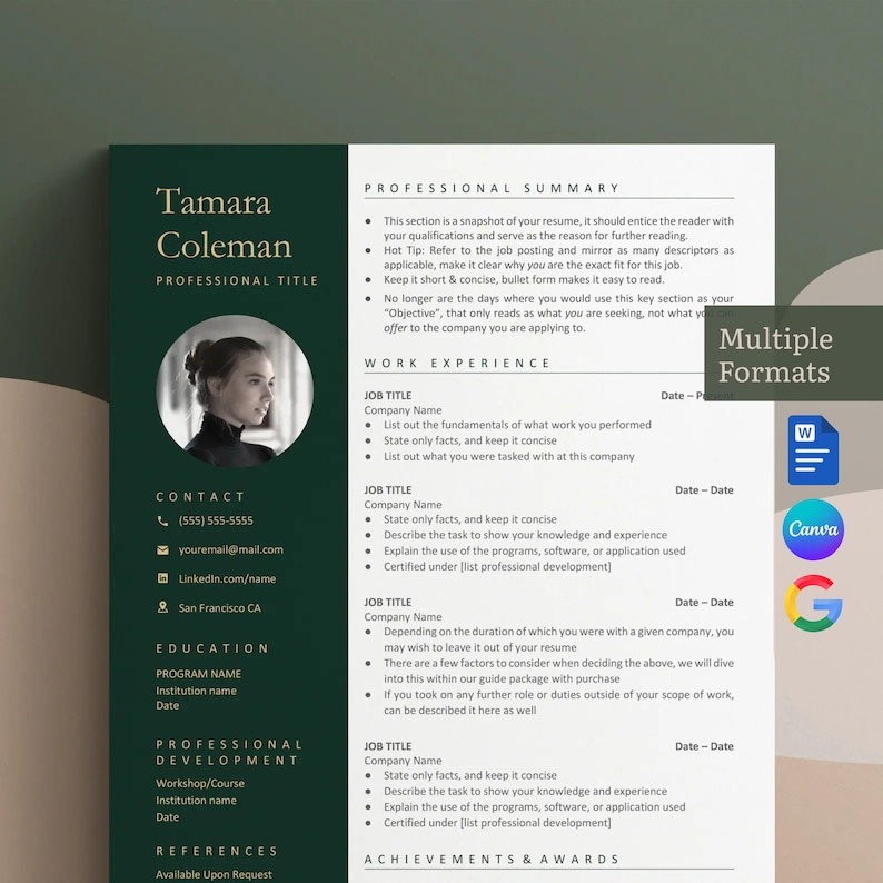 Pu&ograve; includere: Un modello di curriculum vitae verde con una foto professionale di una donna. Il curriculum include sezioni per il riepilogo professionale, l'esperienza lavorativa, l'istruzione, lo sviluppo professionale e i riferimenti. Il testo "Multiple Formats" &egrave; visualizzato nell'angolo in alto a destra della pagina.