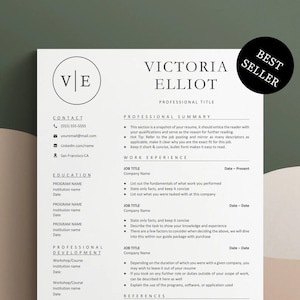 May include: A black and white resume template with the name Victoria Elliot and the title "Professional Title". The resume includes sections for contact information, education, professional development, work experience, and professional summary.