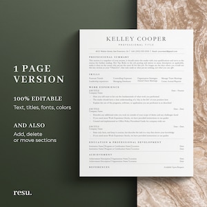 Op de afbeelding: Een zwart-witte cv-sjabloon met de titel "Kelley Cooper" en de tekst "1 Page Version" en "100% Editable Text, titles, fonts, colors" en "And Also Add, delete or move sections".
