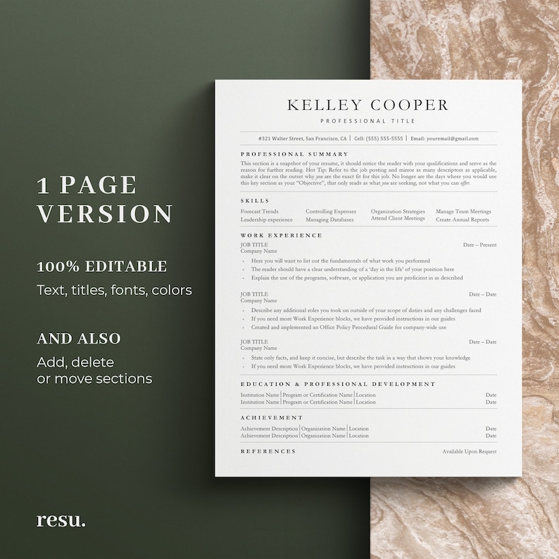 Op de afbeelding: Een zwart-witte cv-sjabloon met de titel "Kelley Cooper" en de tekst "1 Page Version" en "100% Editable Text, titles, fonts, colors" en "And Also Add, delete or move sections".