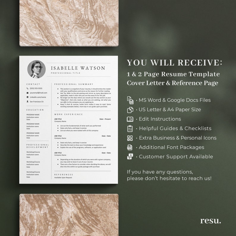 Puede incluir: Una plantilla de curr&iacute;culum para quienes buscan trabajo. La plantilla incluye una carta de presentaci&oacute;n y una p&aacute;gina de referencia. La plantilla est&aacute; disponible en los formatos MS Word y Google Docs. La plantilla est&aacute; disponible en los tama&ntilde;os de papel US Letter y A4. La plantilla incluye gu&iacute;as y listas de verificaci&oacute;n &uacute;tiles. La plantilla incluye iconos comerciales y personales adicionales. La plantilla incluye paquetes de fuentes adicionales. La plantilla incluye atenci&oacute;n al cliente.