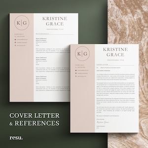 May include: A resume template with a cover letter and references section. The template features a brown and white color scheme with a simple design. The text includes the name "Kristine Grace" and the contact information for the applicant.