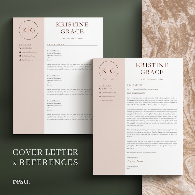 May include: A resume template with a cover letter and references section. The template features a brown and white color scheme with a simple design. The text includes the name "Kristine Grace" and the contact information for the applicant.